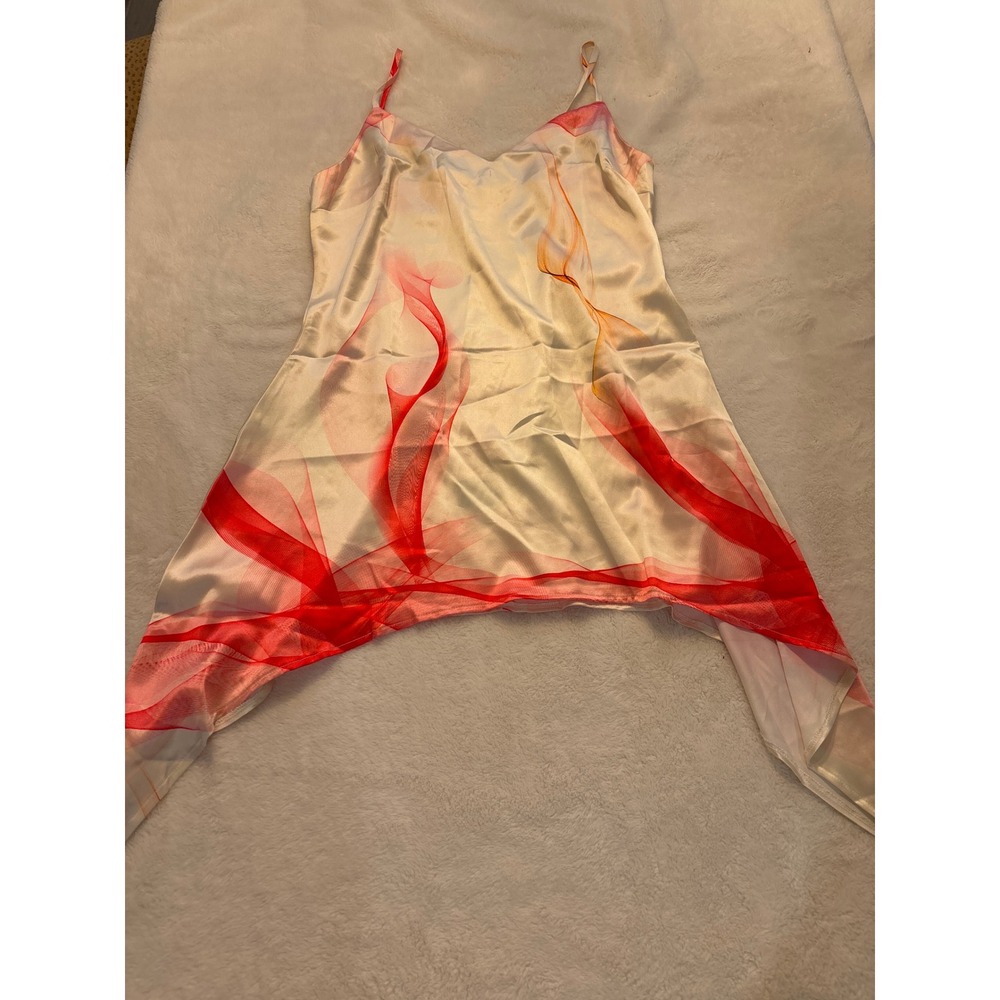 Finesse Women Cream Red Abstract Print Handkerchief Hem Satin Dress Size 1X